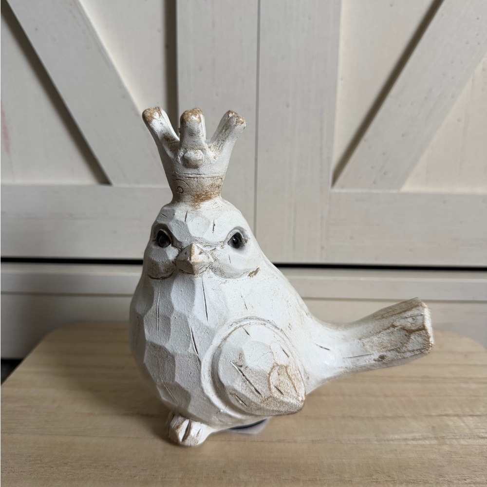 Bird With Crown King or Queen White Wood Carved Look Whimsical Small 3.5” Tall